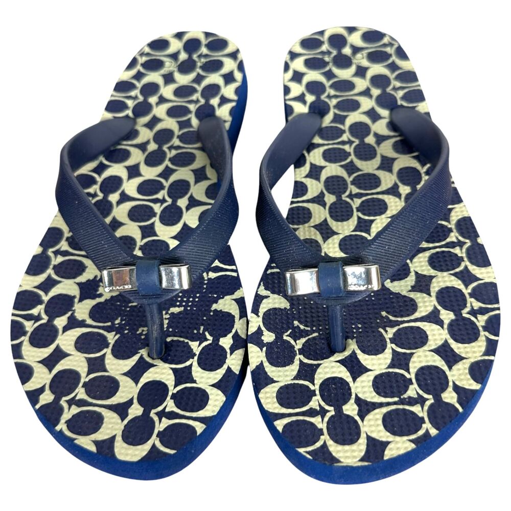 Coach Navy Blue Flip Flop Bow Embellished Sandals Size 5-6